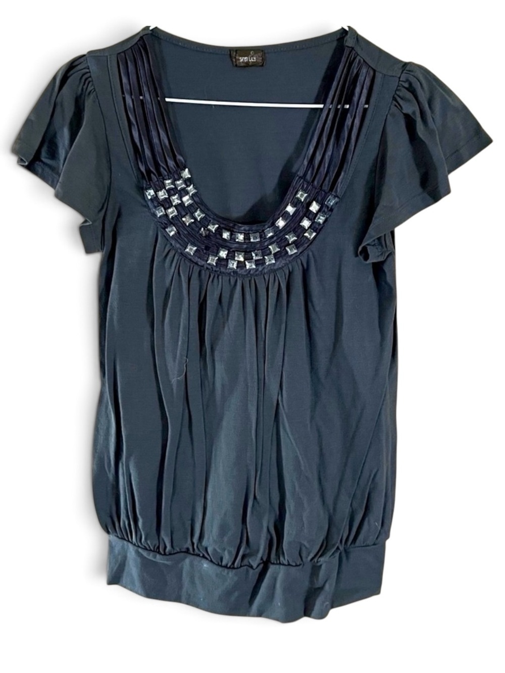 Charcoal Gray Ribbon Trim/Crystal Rhinestone Scrunched Waist X-Long Career Top